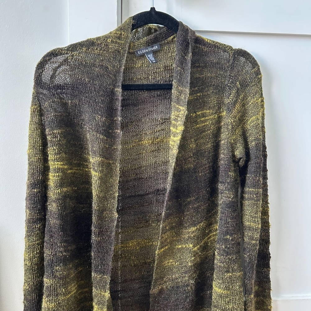 EILEEN FISHER Olive Green Mohair Boucle Open Front Cardigan - Picture 10 of 11